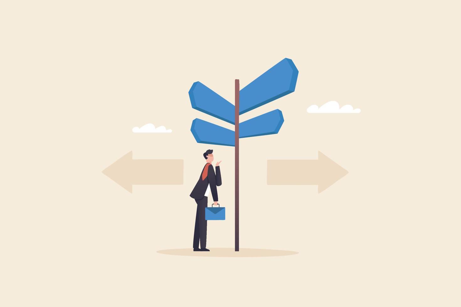 Option to change goals. choose a career path Look for new opportunities. Looking for new challenges in  career.Businessman making decision, confused by direction signs choices. vector