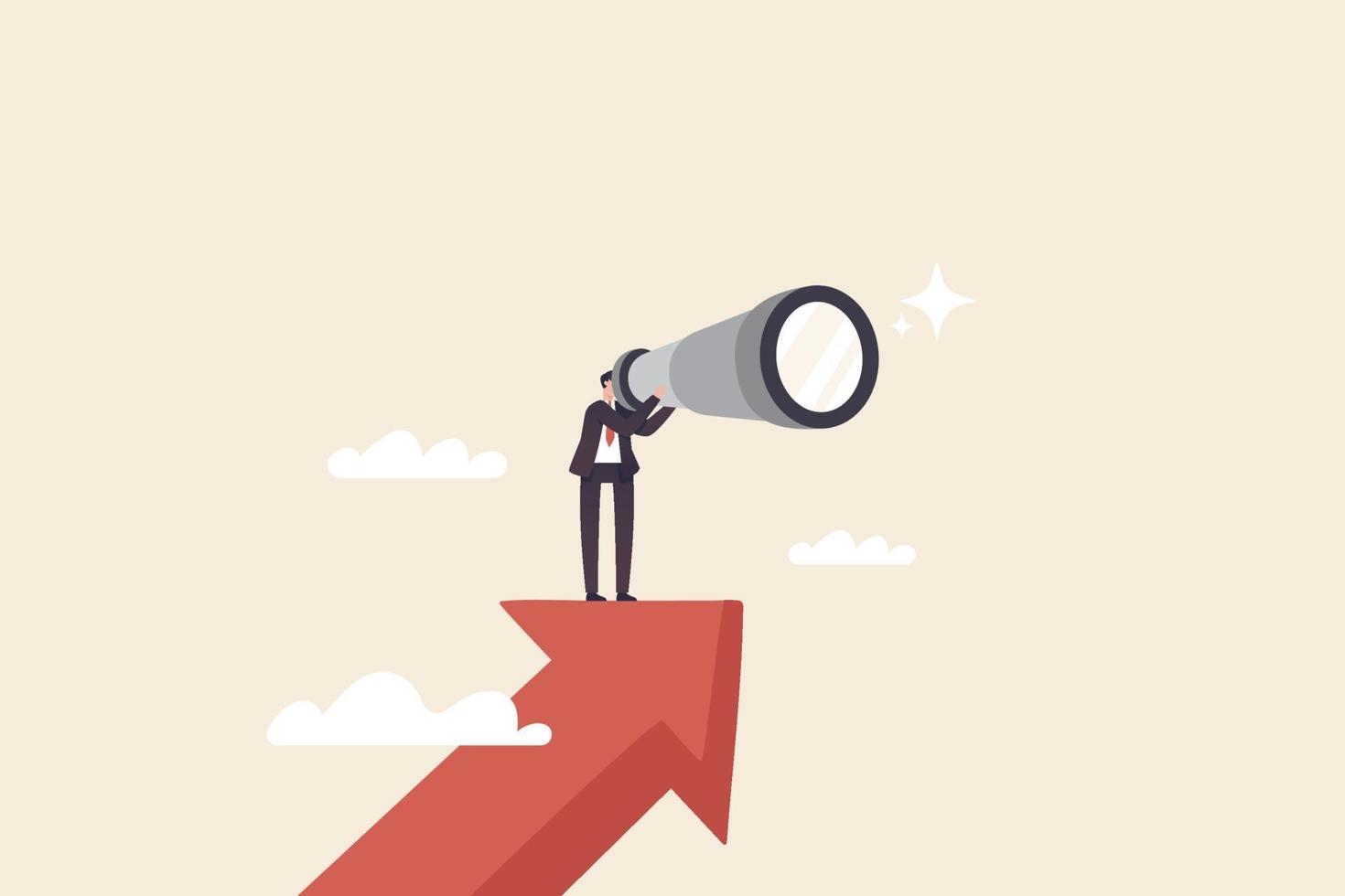 Business growth, vision and goals, Businessman holding a binoculars standing on   arrow up to career success. vector