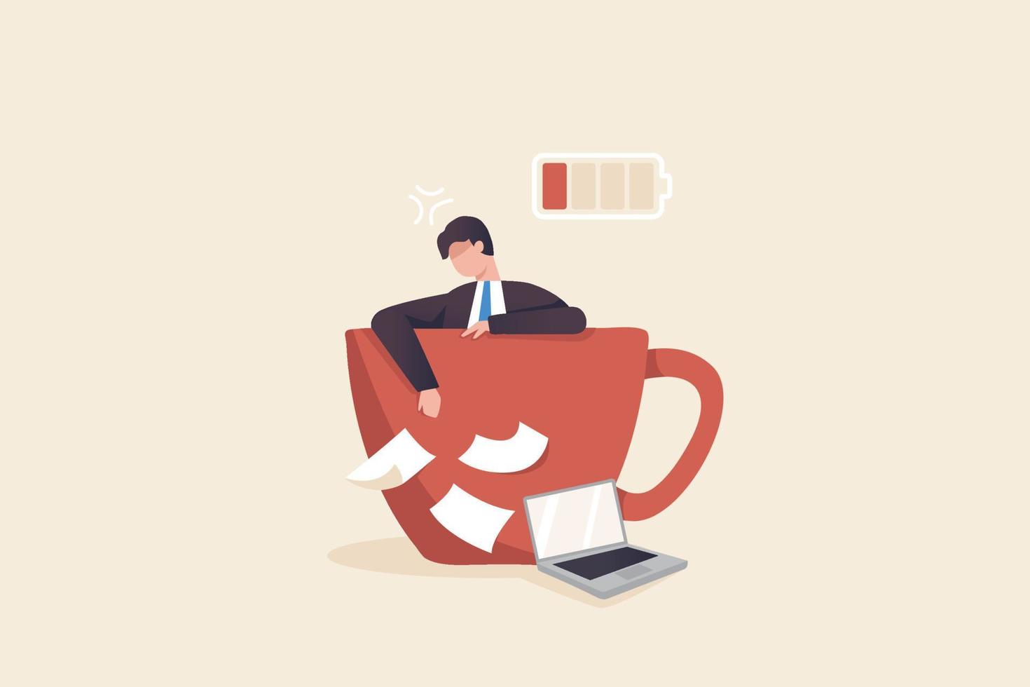 Coffee Break, Fatigue resistance and sleeps. A businessman feels tired and his battery is running low in a large cup of coffee. vector