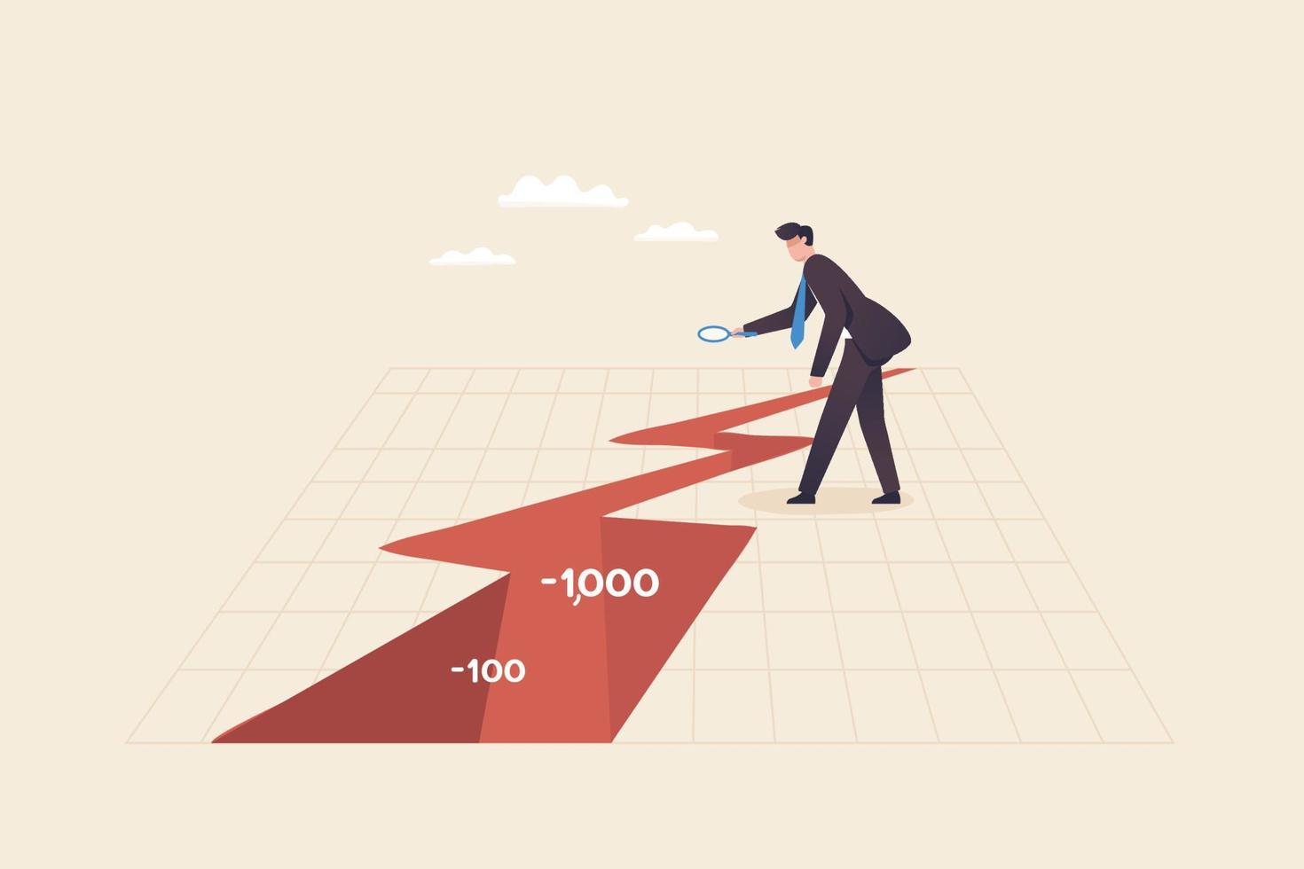 Financial volatility data analysis, financial crisis, money loss, risk assessment. Businessman holding a magnifying glass looks at a chart showing the volatile stock market. vector