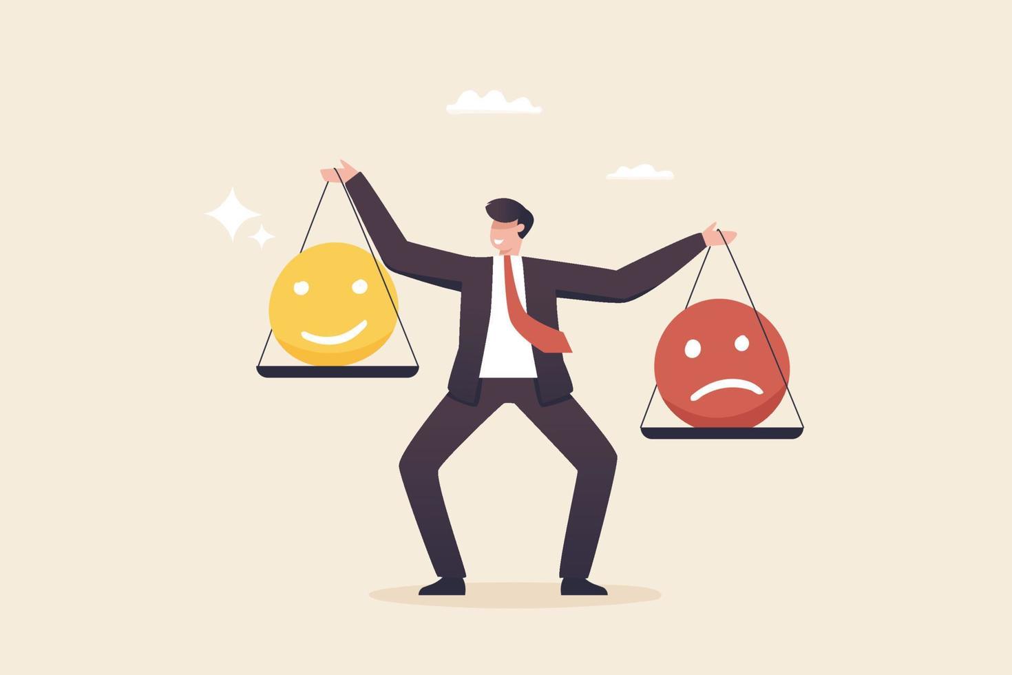 equilibrio emocional, concepto psicológico. equilibrio mental controlando emociones y sentimientos para el trabajo. un joven empresario intenta equilibrar el trabajo y la emoción. vector