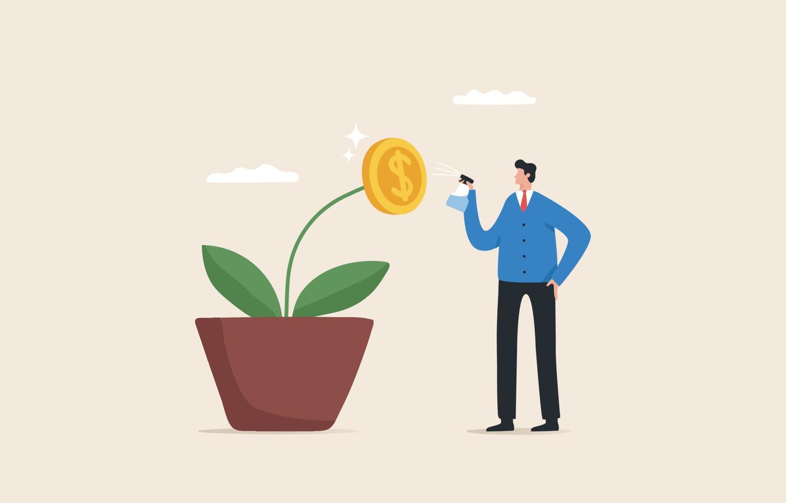 Business investment and income growth. Prepare for success. Focus business and not be distracted.  Expanding or enhancing business efficiency. Businessman watering Money  flower in pot. vector