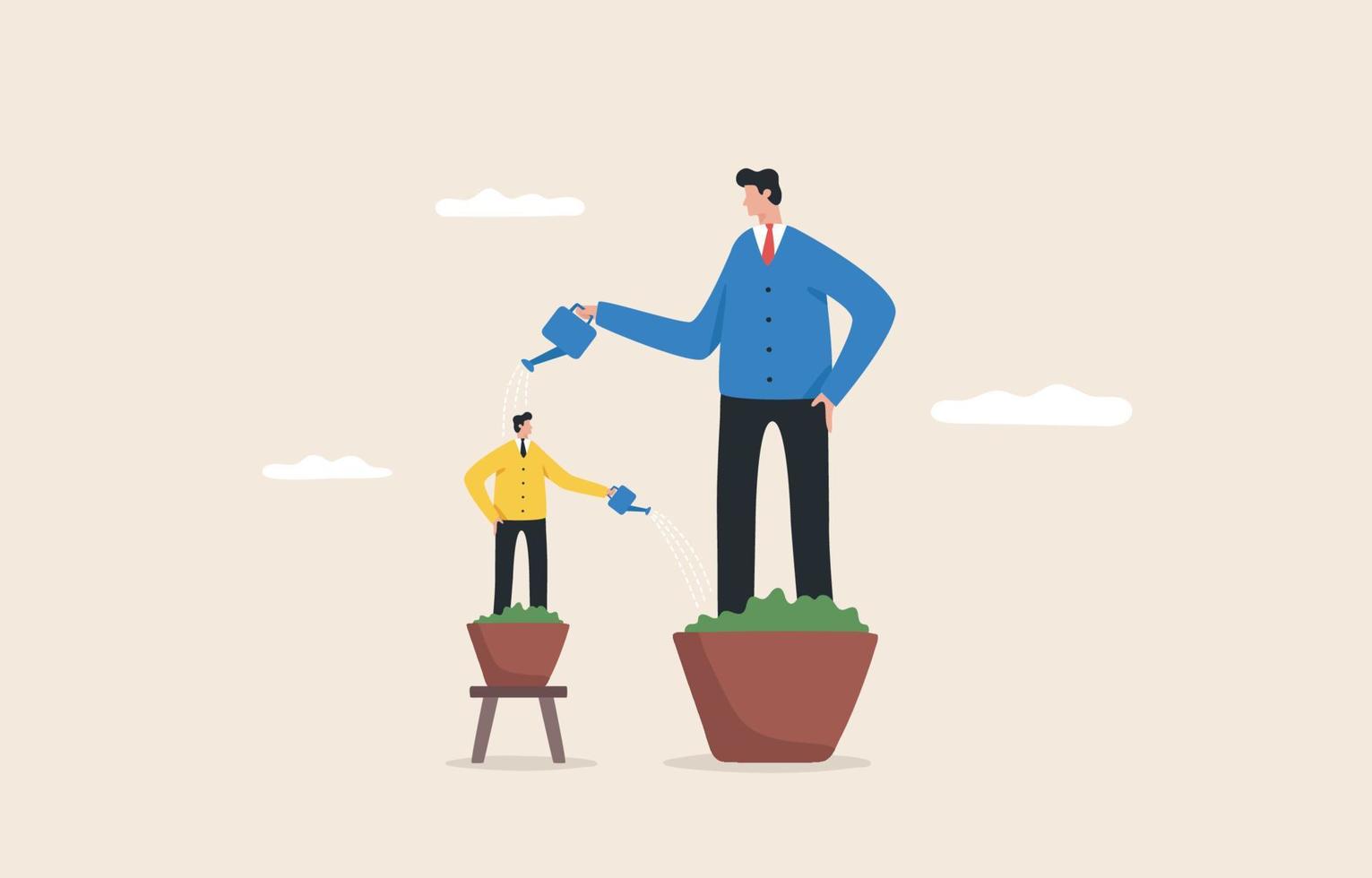 Growing Employee or companies. Support from a manager or colleague. Cooperation of people in the organization. Growth in career advancement. Managers use watering cans to help employees grow. vector