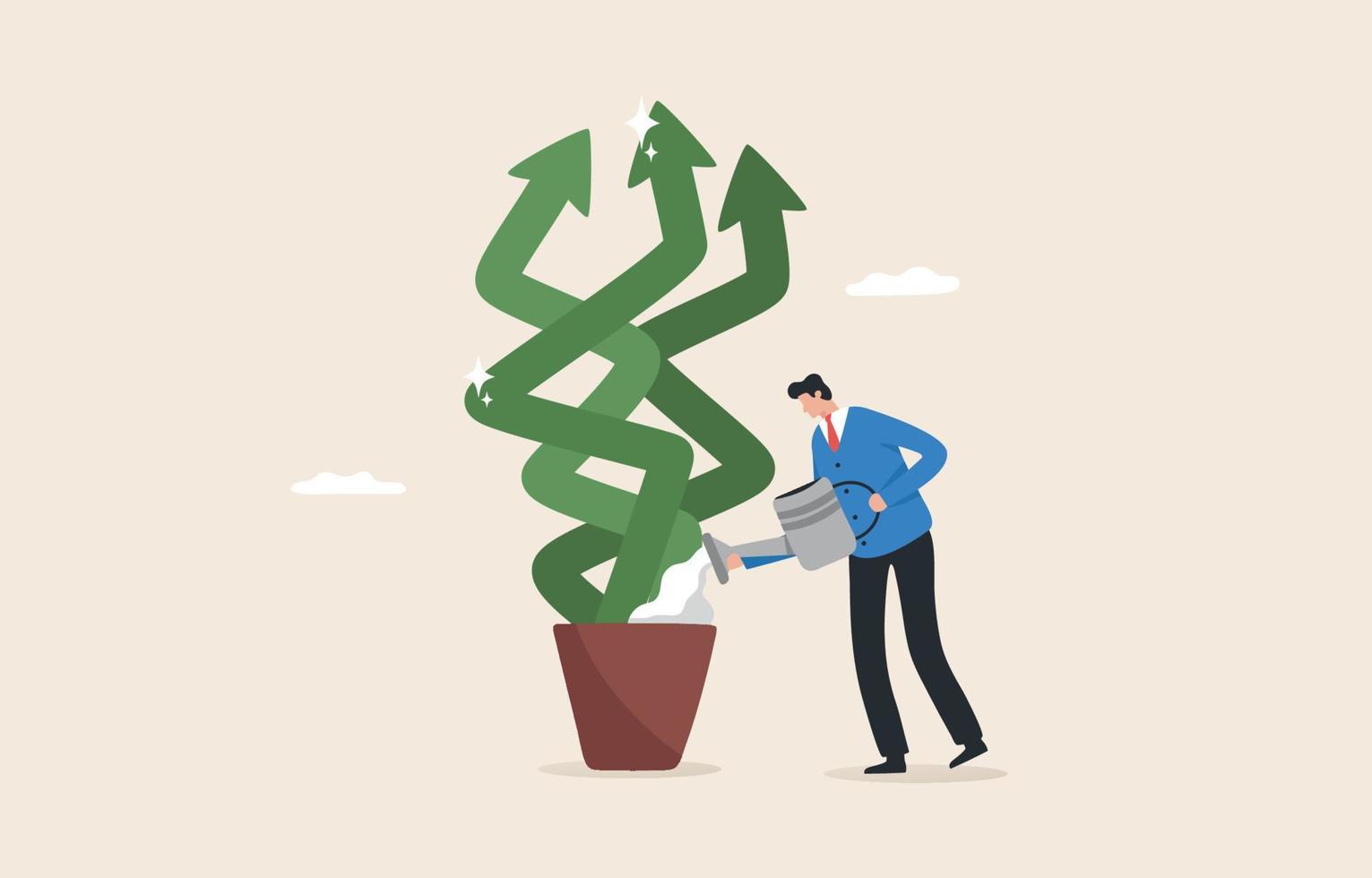 Business expansion through investment profit growth. Expansion of a business branch or a franchise.  Businessman watering down the growing arrow. vector