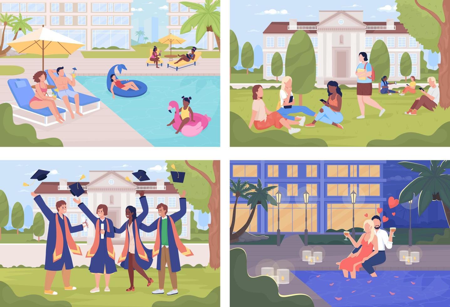 Public and private places in city flat color vector illustrations set