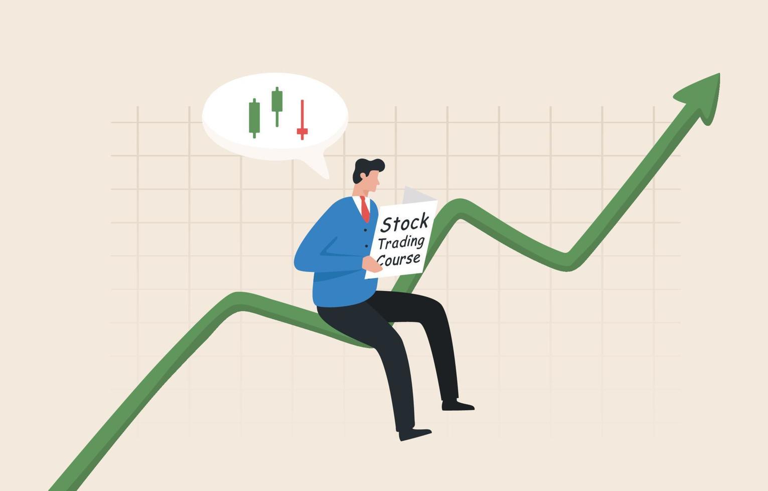 Finance or investment specialist investment for beginnersstock market investmentAn investor sits on a stock chart with a candlestick guide book.stock market beginner. vector