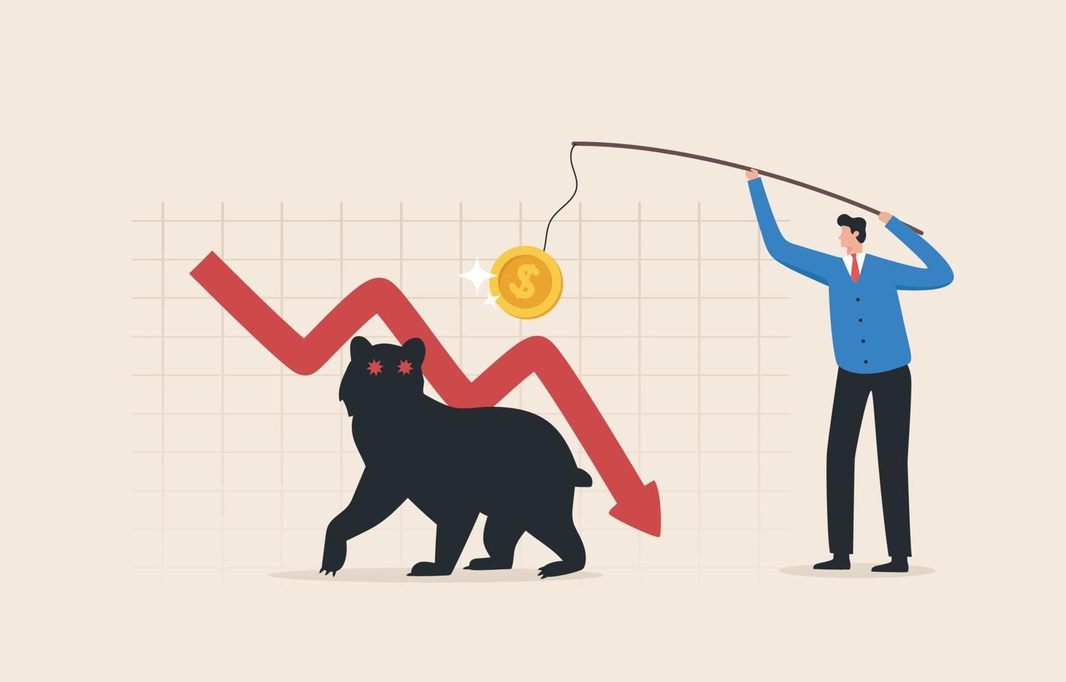 Bear Market. Develop an investment strategy during market downturns. acceptable risk management. Investors lure bears with capital injections. vector