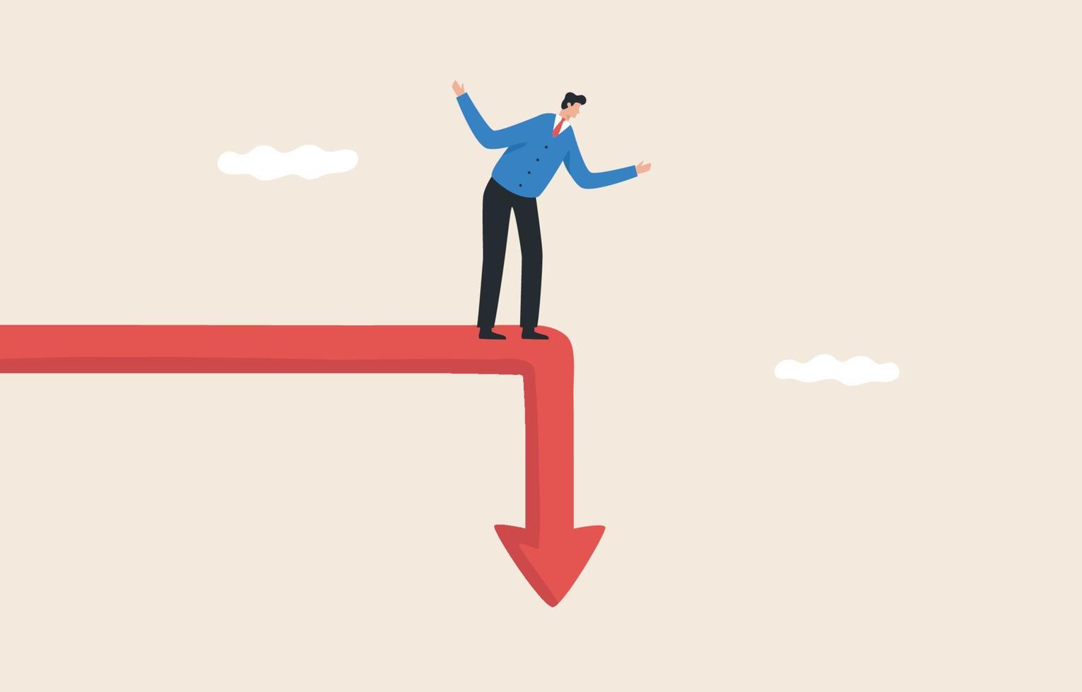 Financial crisis, unexpected stock market drop, money loss, capital devaluation, risky investment strategy. Businessman standing on a graph that plummets. vector