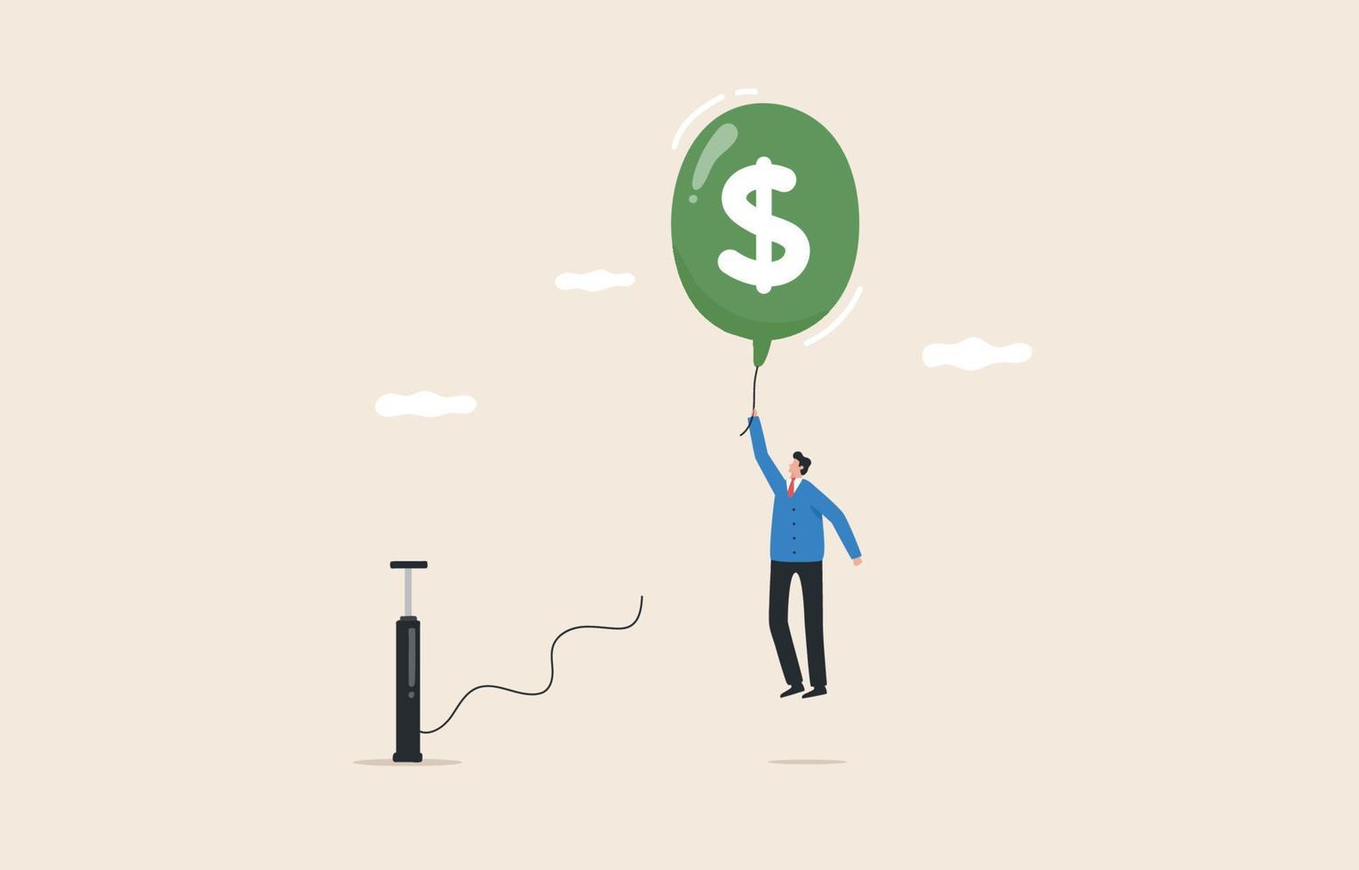 Financial and investment. bubbles money value growth. The Dollar Crisis and Uncertain Cash ValuesThe stock market or money is overvalued. Businessman float with bubble air balloons dollar. vector