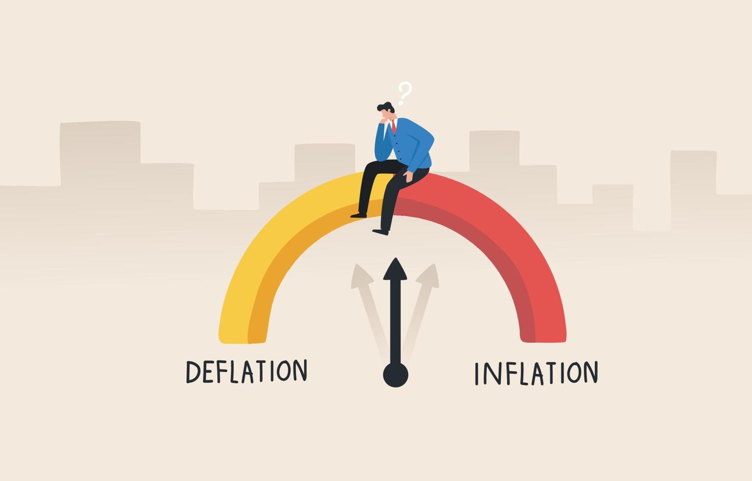 indicador de desinflado e inflado. encontrar un equilibrio financiero y económico. gestión del riesgo de la crisis económica. un hombre de negocios se sienta en un medidor de dinero para evaluar los riesgos económicos. vector