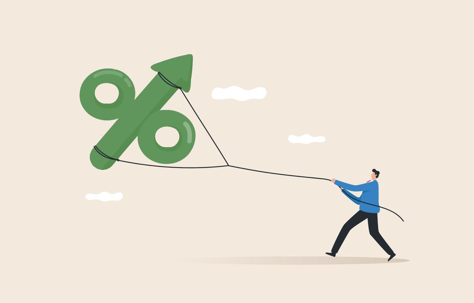 Aumento de las tasas de interés de acciones. la inflación aumenta el precio de los bienes de consumo. el consumidor lucha con el globo de la tasa de interés inflado. vector