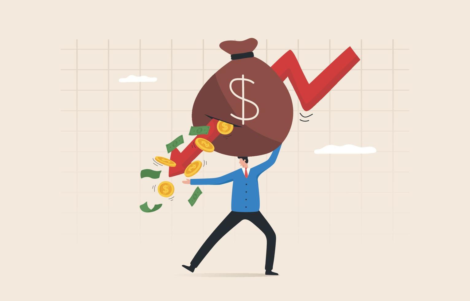 Financial crisis, unexpected stock market drop, money loss, capital devaluation, risky investment strategy, bad economy. Arrow graphs fall down to attack the money bag. vector