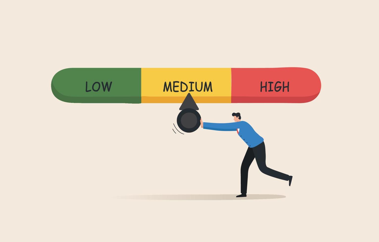 medidor de gestión de riesgos. bolsa de riesgo, finanzas, economía, inflación, inversión, gestión de riesgos financieros o empresariales. el hombre de negocios intenta empujar la aguja hacia abajo. vector