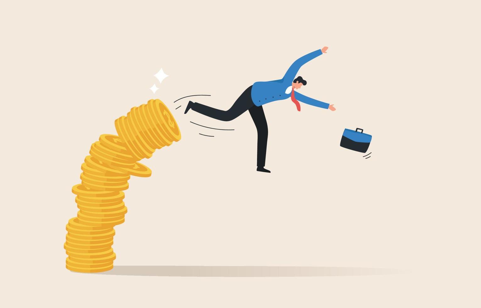 Bankruptcy, Money loss, Debt increase, Lack of finance, investment fund risk, wealth devaluation, income decrease. Businessman falls from a stack of coins. vector