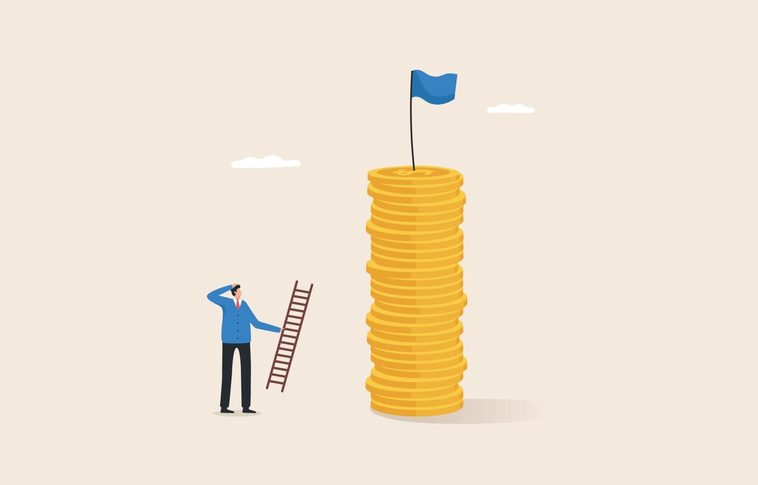 Profit point. Financial goals. Revenue growth or business, organization, company.long-term, short-term and intermediate goals. A businessman climbs a ladder to get a flag atop a high pile of coins. vector