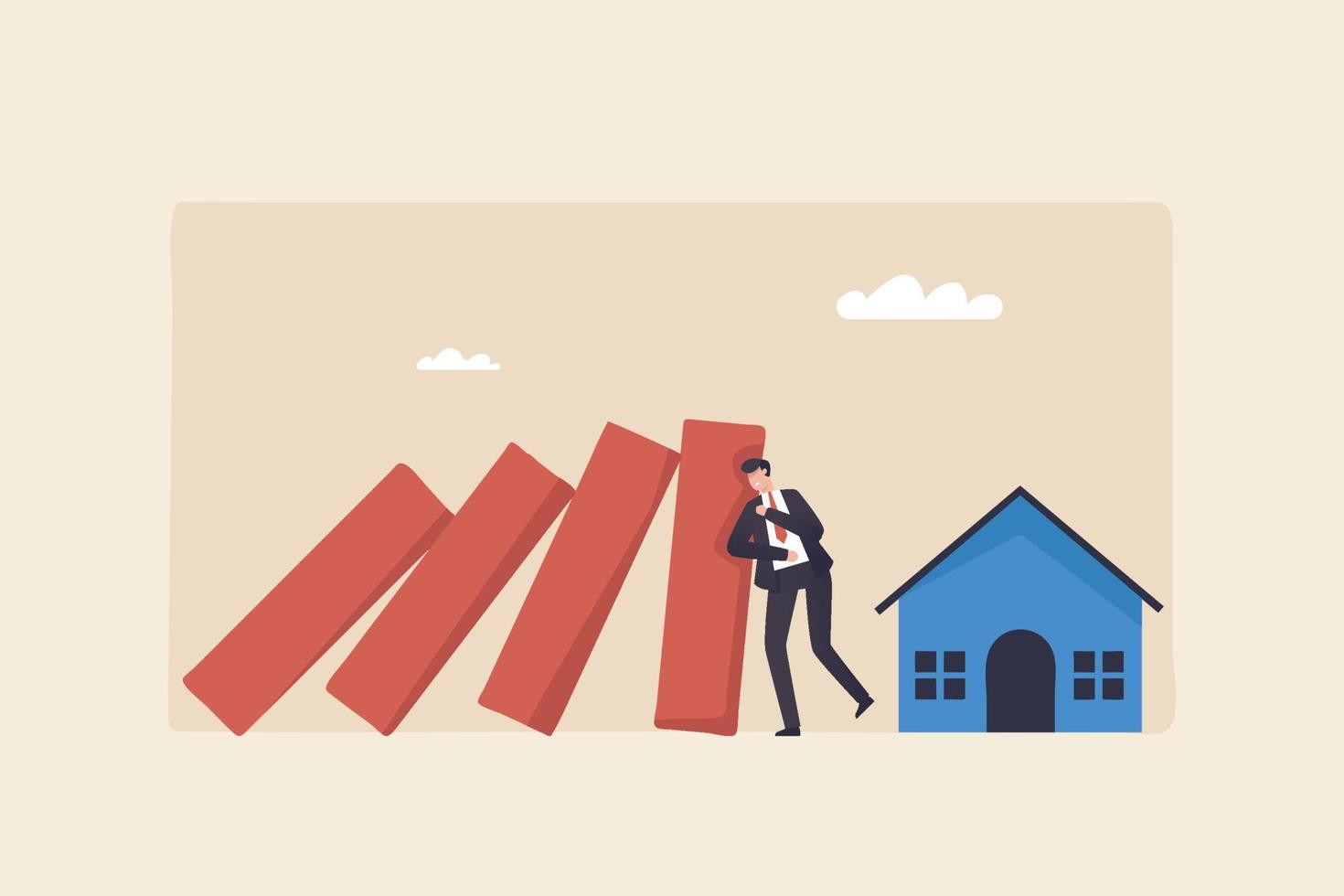 Housing crisis, a real estate marketplace for distressed properties.The slowdown in real estate prices. Businessman stops a domino effect to protect a house. vector