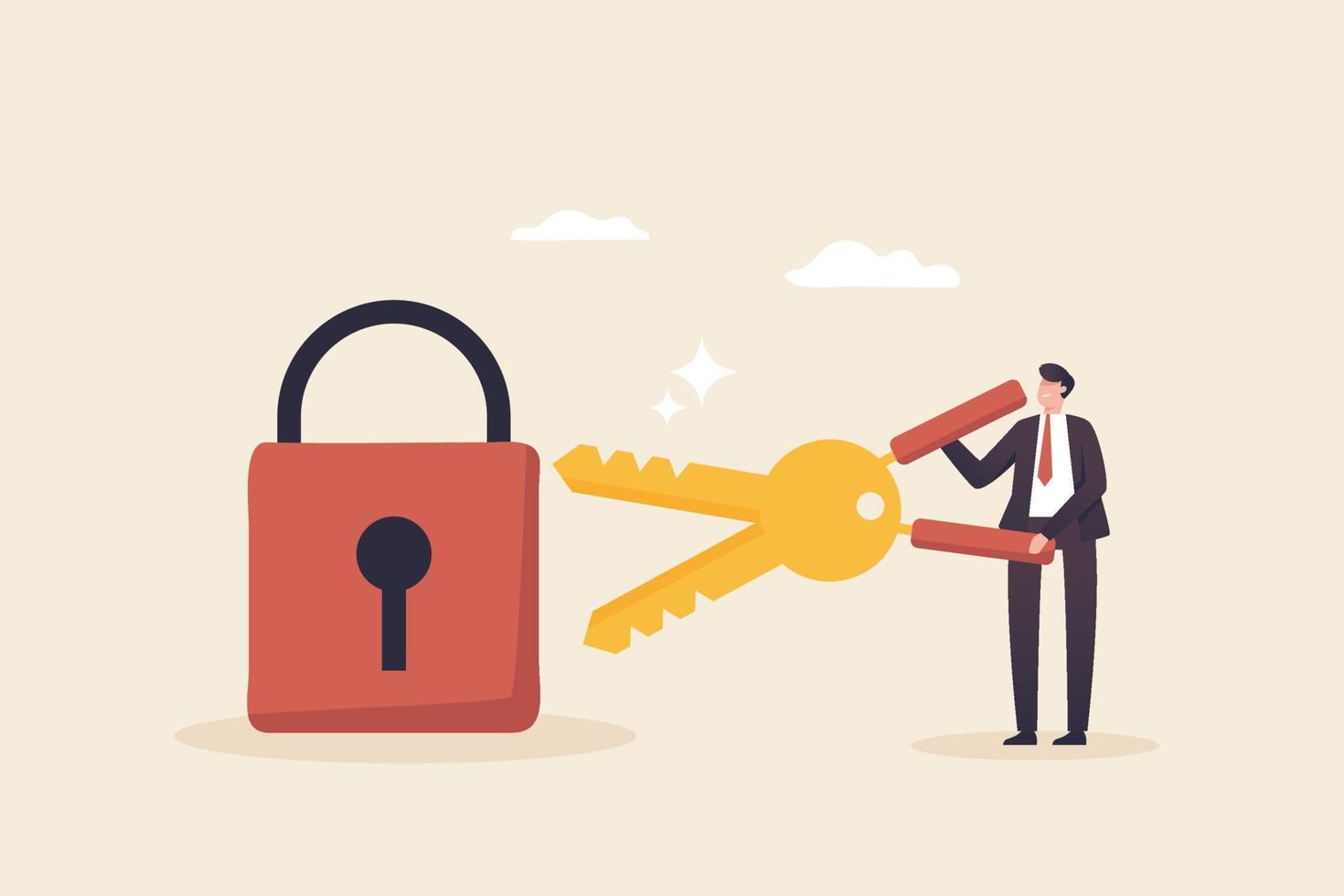 Business unlocking and management. The way to success and opportunity.The key to solving business problems.Businessman holding large keys and closed doors. vector