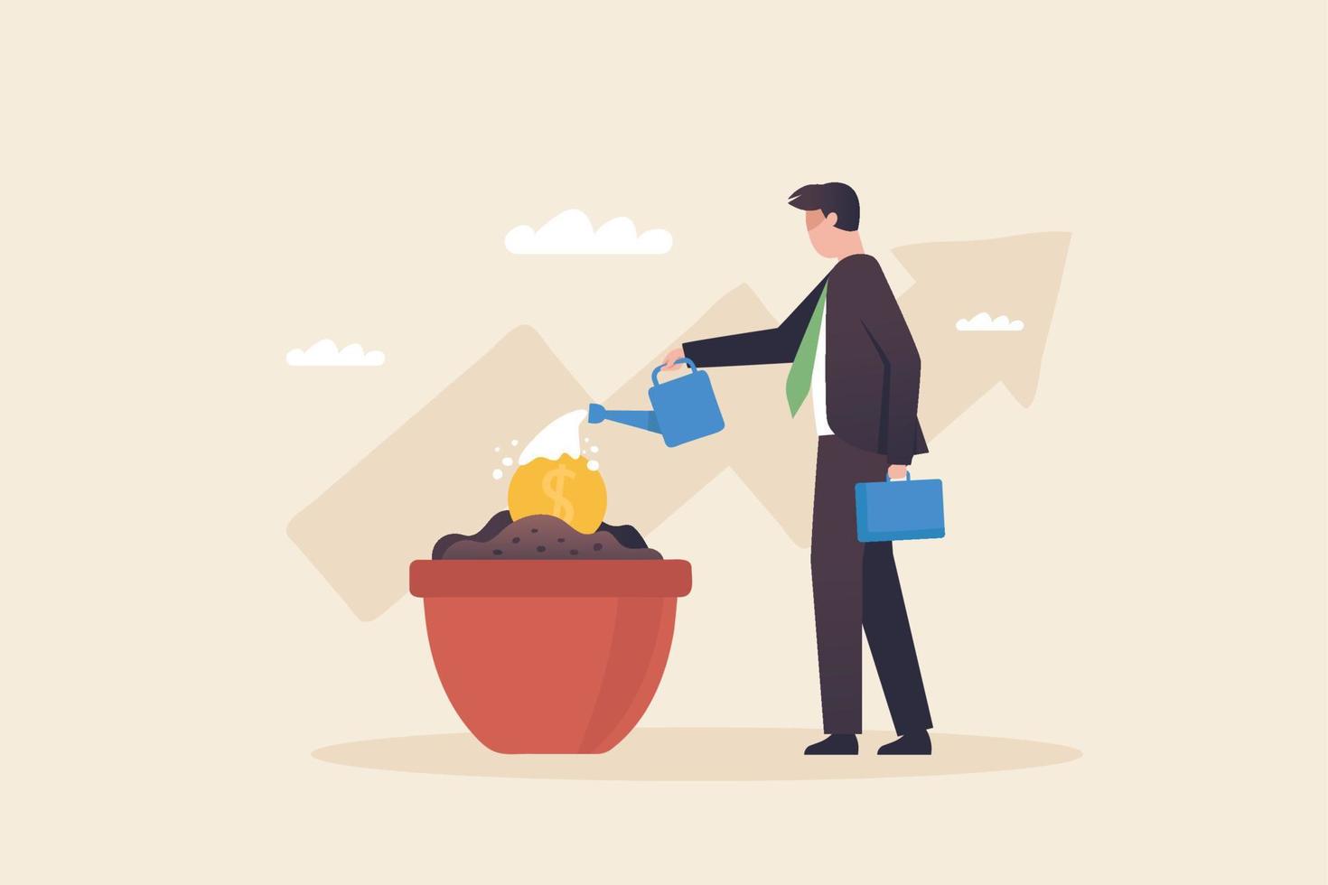 Start investing. Invest in the stock market or wait for profits. Investing in job duties. Dollar seedling being watered by businessman vector