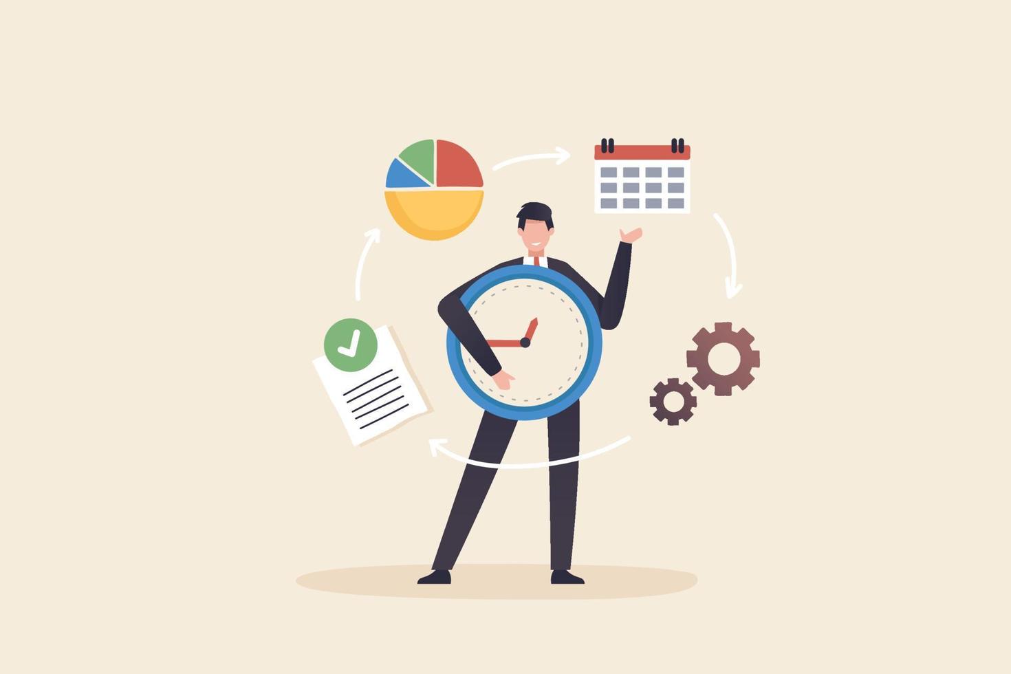 Time management effective day to day concept. The clock is a powerful symbol for business meetings, schedule. Businessman standing holding a big clock. vector
