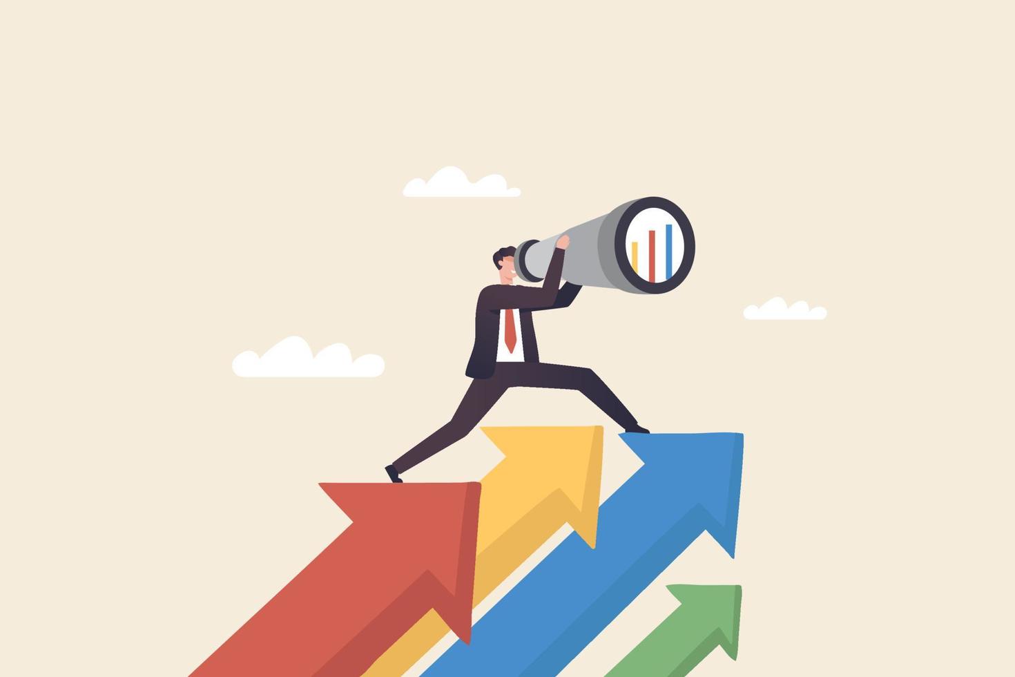Business growth, vision and goals, Businessman holding a binoculars standing on   arrow up to career success. vector