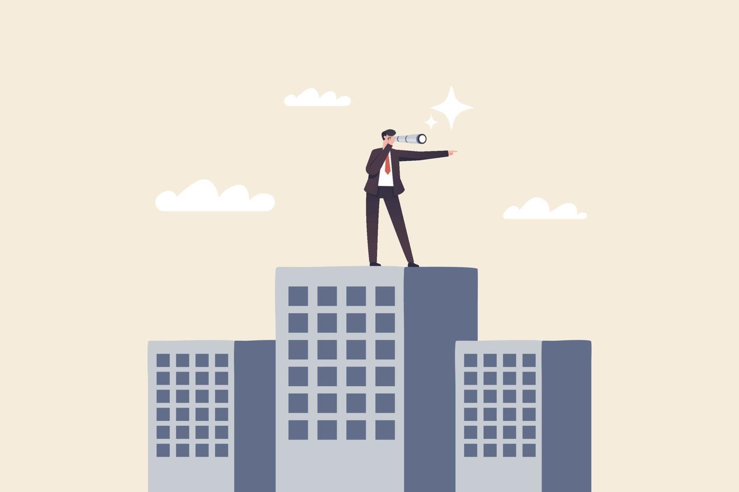 Leadership vision, company growth. The future direction of the organization.A businessman stands with binoculars on top of a tall building. vector