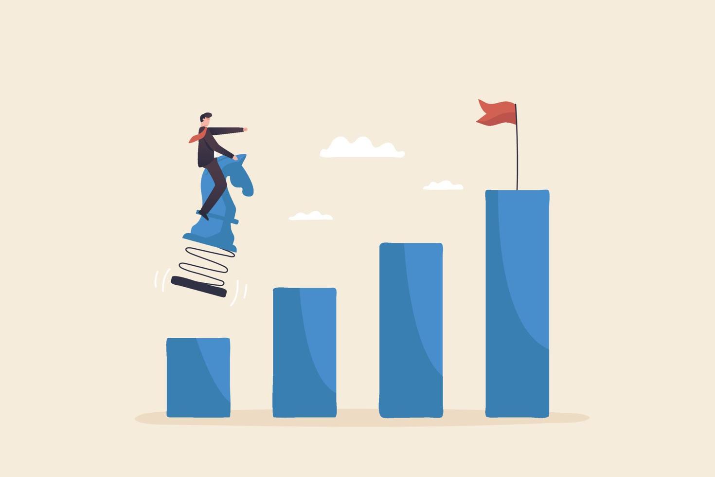 process of success, business goals, promotion to a higher level or business growth. Businessman riding chess jumps to the goal or flag atop the graph. vector