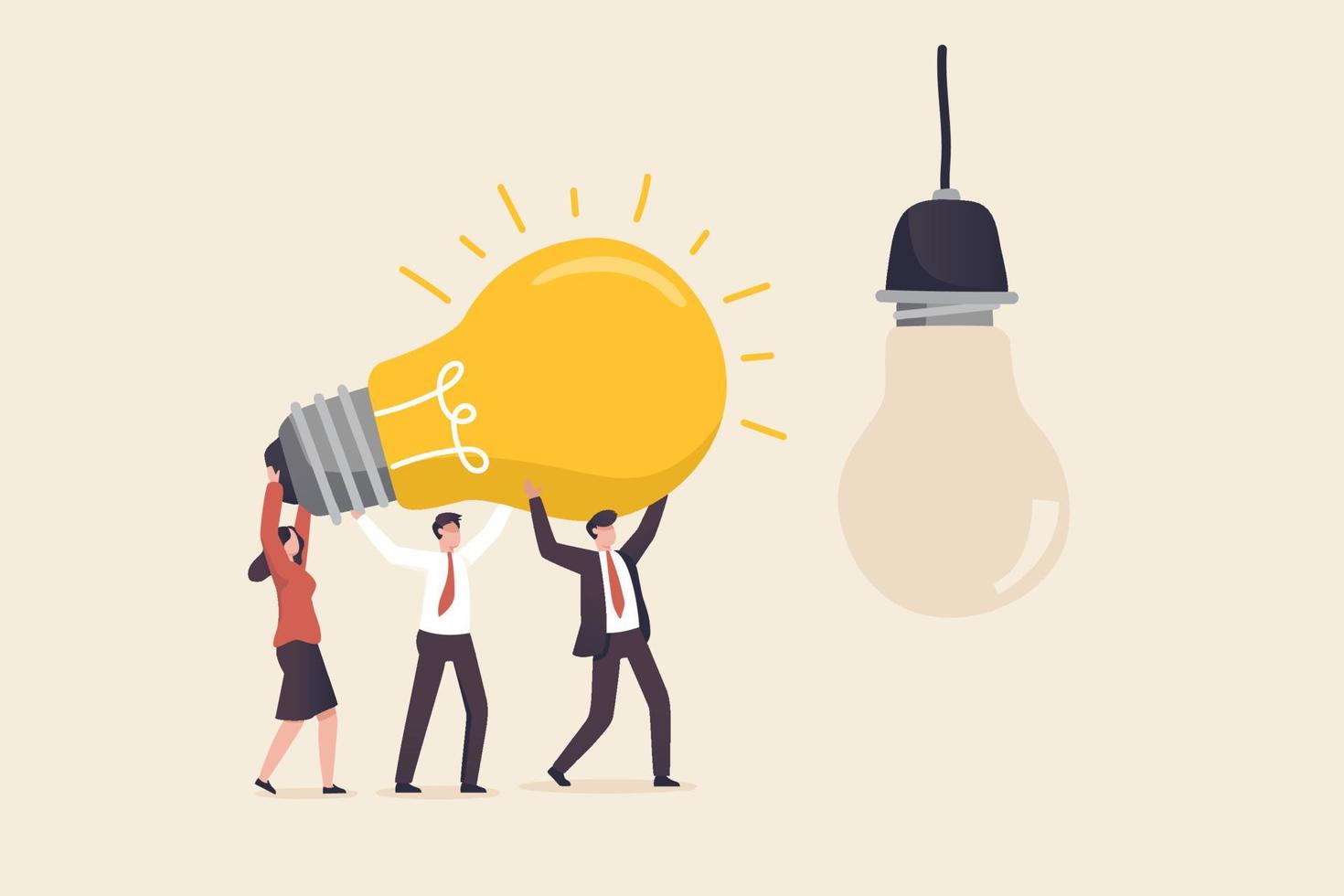 Brainstorm creative, change idea, teamwork ideas.  Connecting together various thoughts and brainstorming new solution.  Teamwork helped to lift a large light bulb or big ideas. vector