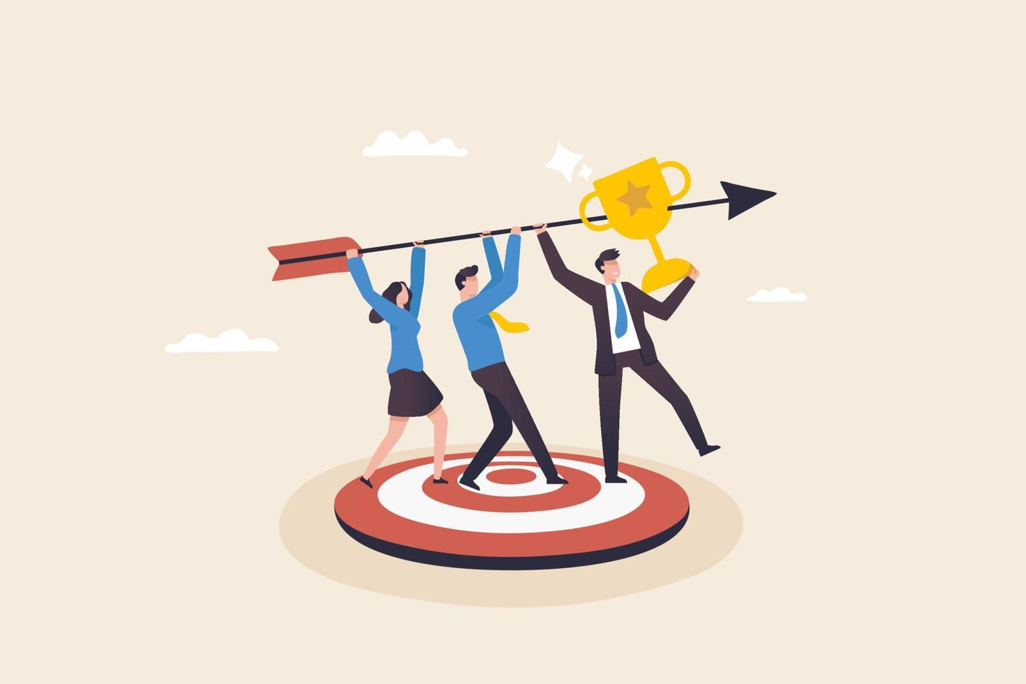 Big rewards for business teams, teamwork collaboration to achieve target, Rewards or bonuses for achievements or victories at work. A team of businessmen hold giant arrows that hit targets. vector