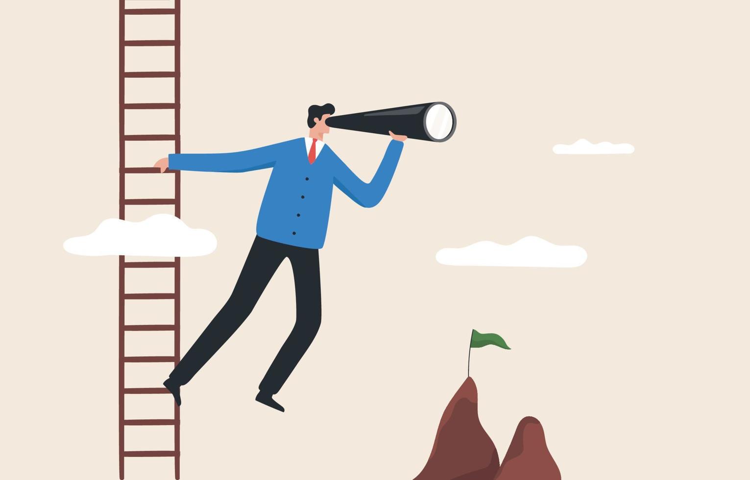 Set business goals. Vision of looking for new innovations. find business goals or job duties. Businessman leader climb stair to peak with telescope look for  target. vector