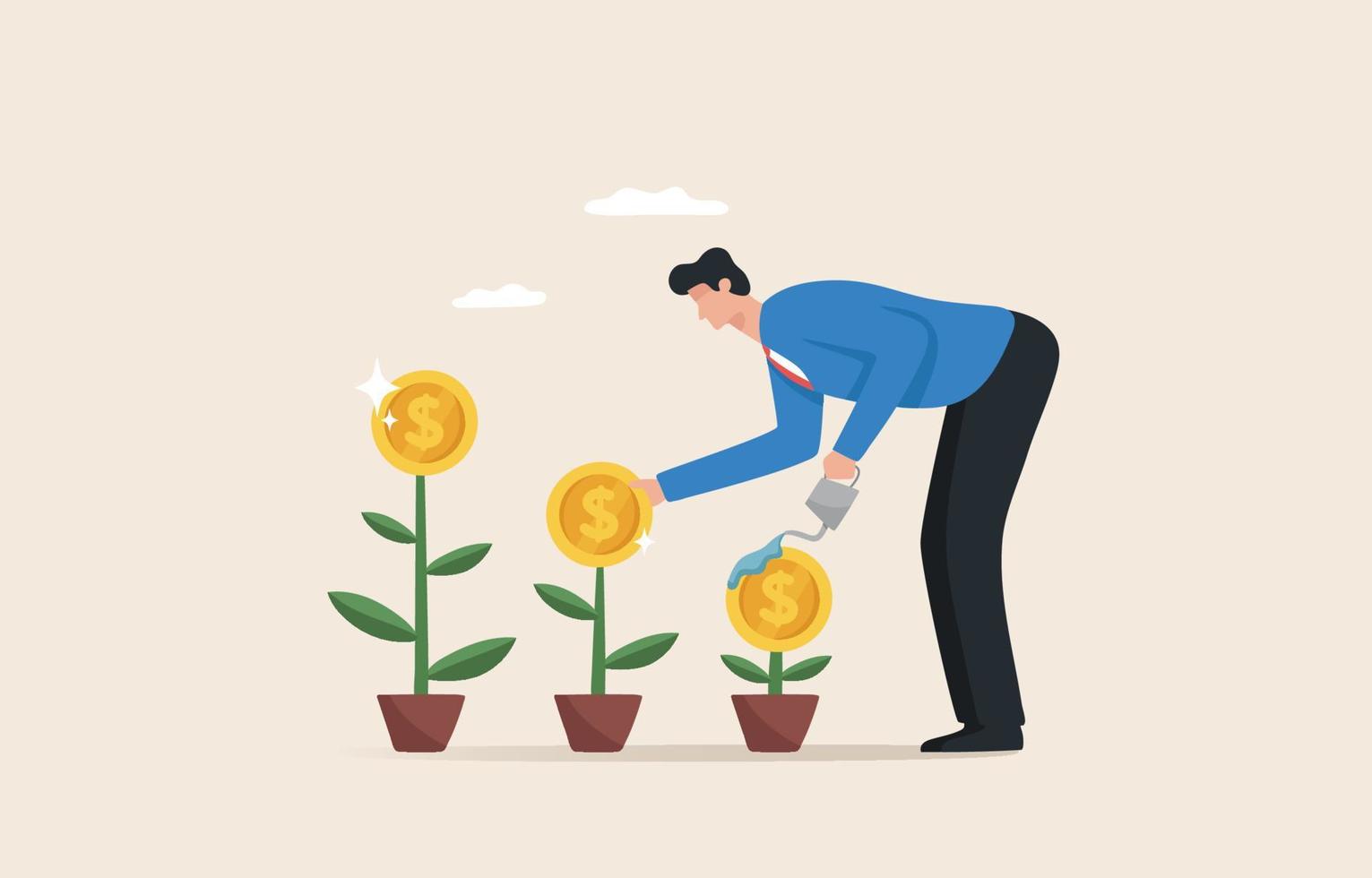 Profit growth. Divide your investment portfolio into sections. Manage your investments with stability and wealth. A businessman waits for the seedlings to grow. vector