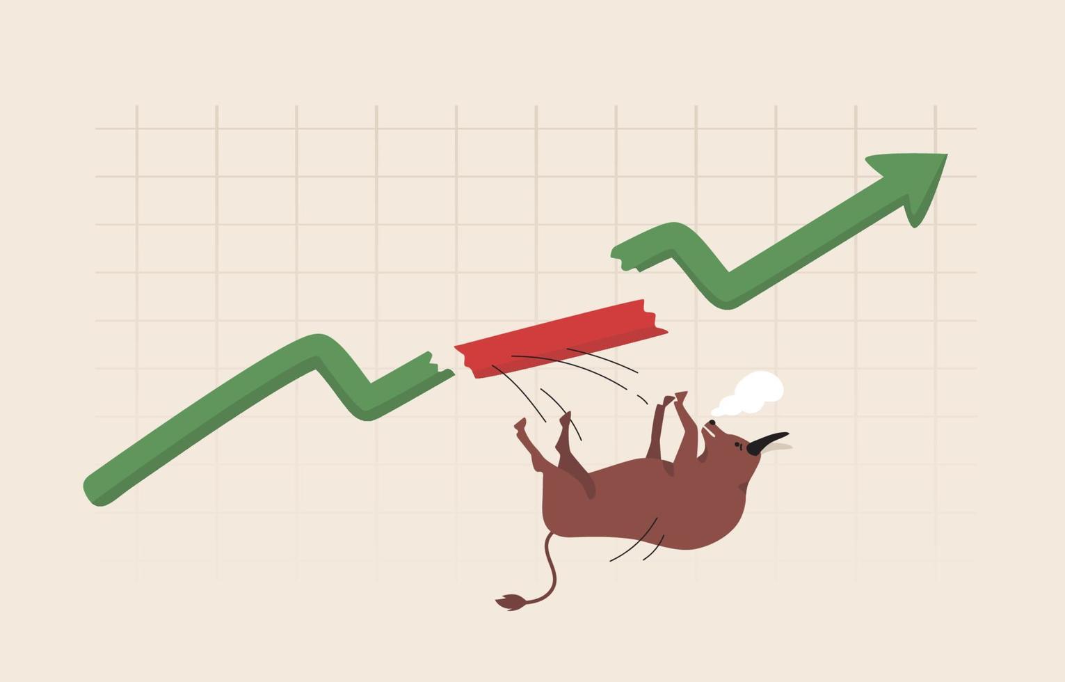 Bull Trap or Bull Run, stock market volatility. The price reverted back down quickly. Graph, Stock exchange, Financial, Bitcoin. The bull fell from the arrow chart. vector