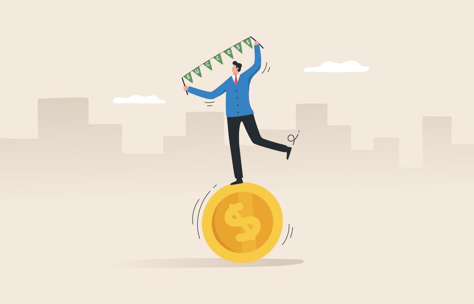 Successful businessman. Business growth. Promote a position. Rewards from the competition. Passion for work duties. Ambition.A young man or businessman is happy on a giant coin. vector