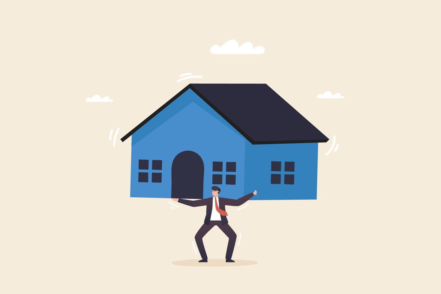 Rising house prices and home price price increase or growth as a soaring real estate value concept. Businessman carries a house. vector