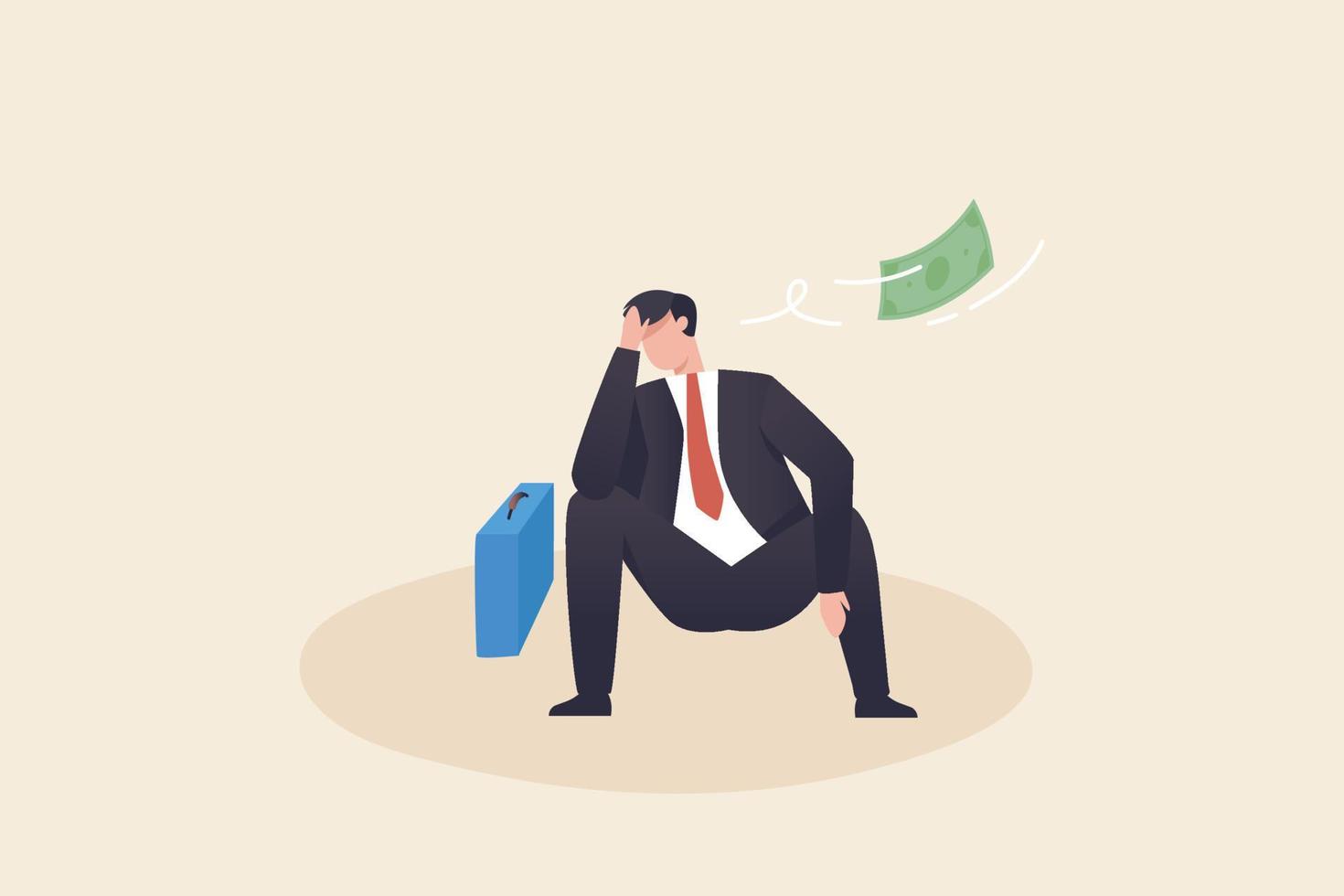 Unemployment, loss a job, failure, worry or stress. Financial mistakes, poverty, or bankruptcy. Sad businessman sitting with a briefcase. vector