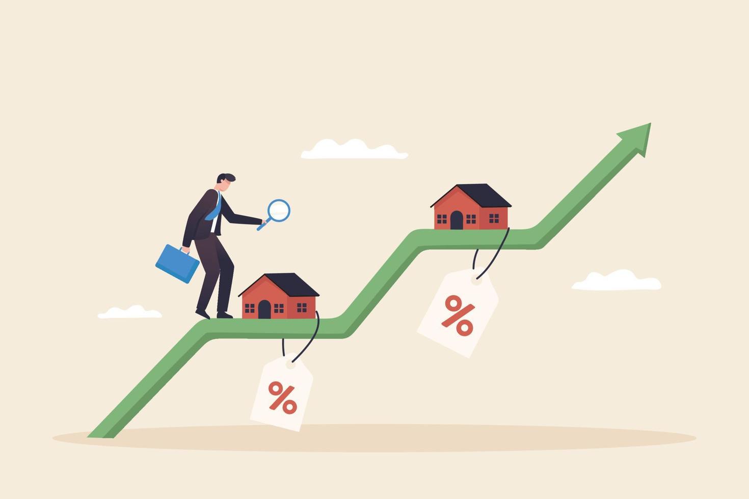 inversión, bienes raíces, oportunidad de inversión. cartera de agentes, concepto de inversor inmobiliario. los precios de la vivienda aumentan. un hombre de negocios camina sobre un gráfico verde del aumento de los precios de la vivienda. vector