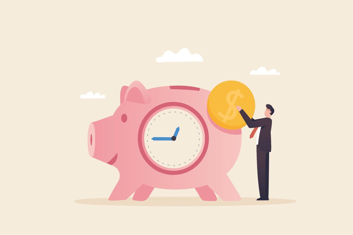 Time is Money concept. business, time management, wealth. Businessman keeping cash on piggy bank. vector
