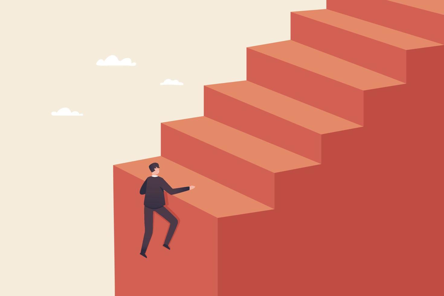 The challenges of growing a business. Difficulty getting to the top of career. A businessman is going up the stairs trying to reach the top. vector