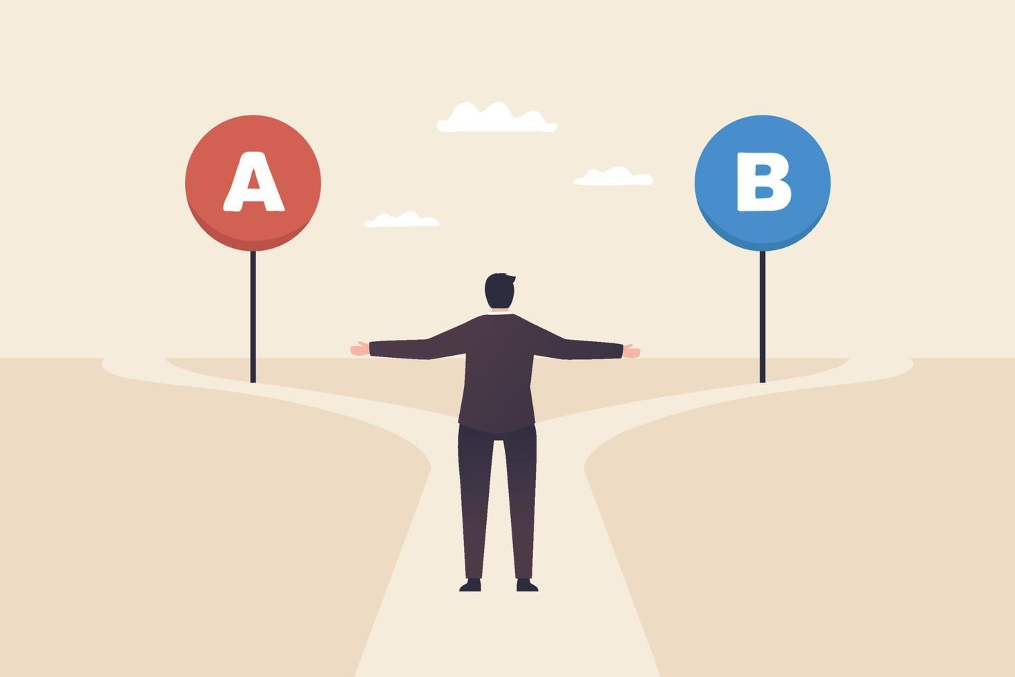 Businessman thinking, decision making, difficult choice, choose between two options, considering alternative, career strategy, questionnaire or survey. Cross roads with plan A plan B road signs. vector