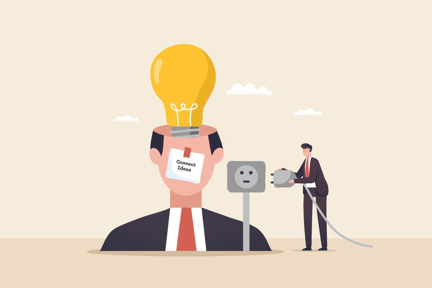 Big idea concept, connect idea. Generates creative ideas and brainstorming metaphor. great innovation for business. A businessman connects a light bulb to start an action plan. vector