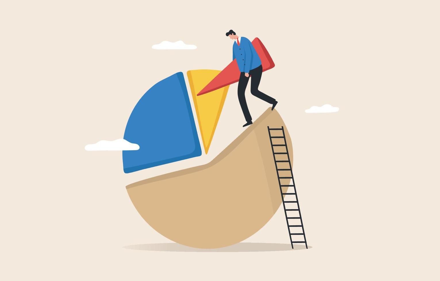 Portfolio Rebalancing or asset allocation. Businessman or investor Stand on the pie chart to balance your investment portfolio according to the economic conditions. vector