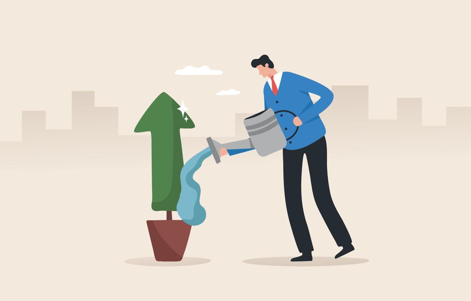 Business growth. Invest for profit. Increased sales or profits. Business expansion. Investing for future profits.Businessman watering seedlings like growth arrow. vector