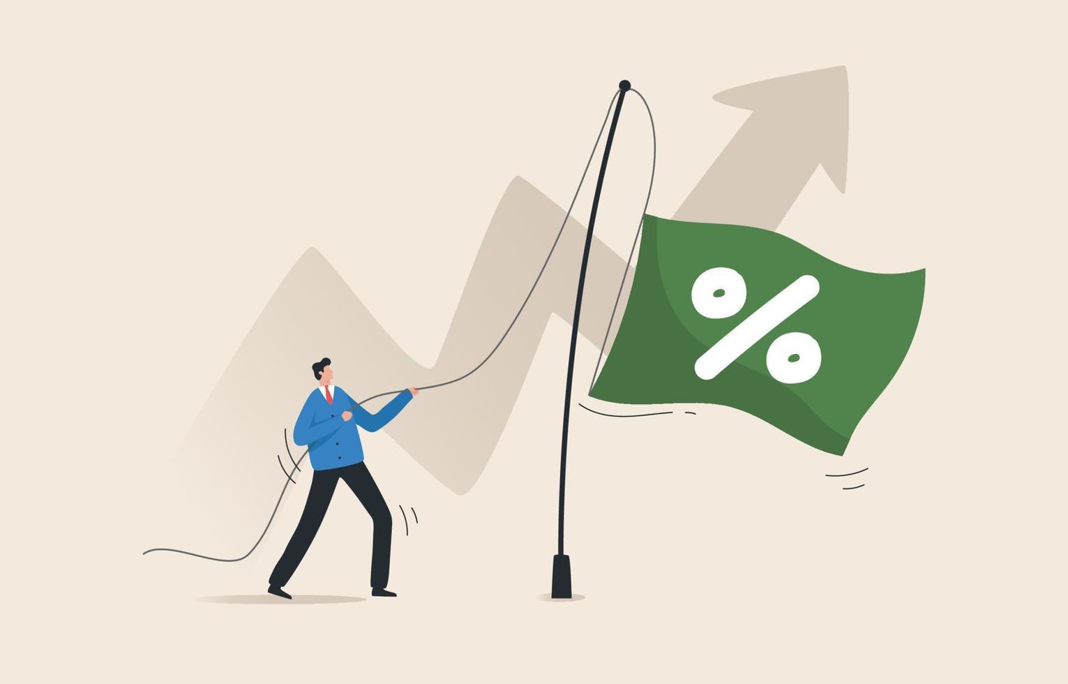 Interest rate hikes due to rising inflation. A businessman raises a flag with a percentage symbol to the top of a pole. vector