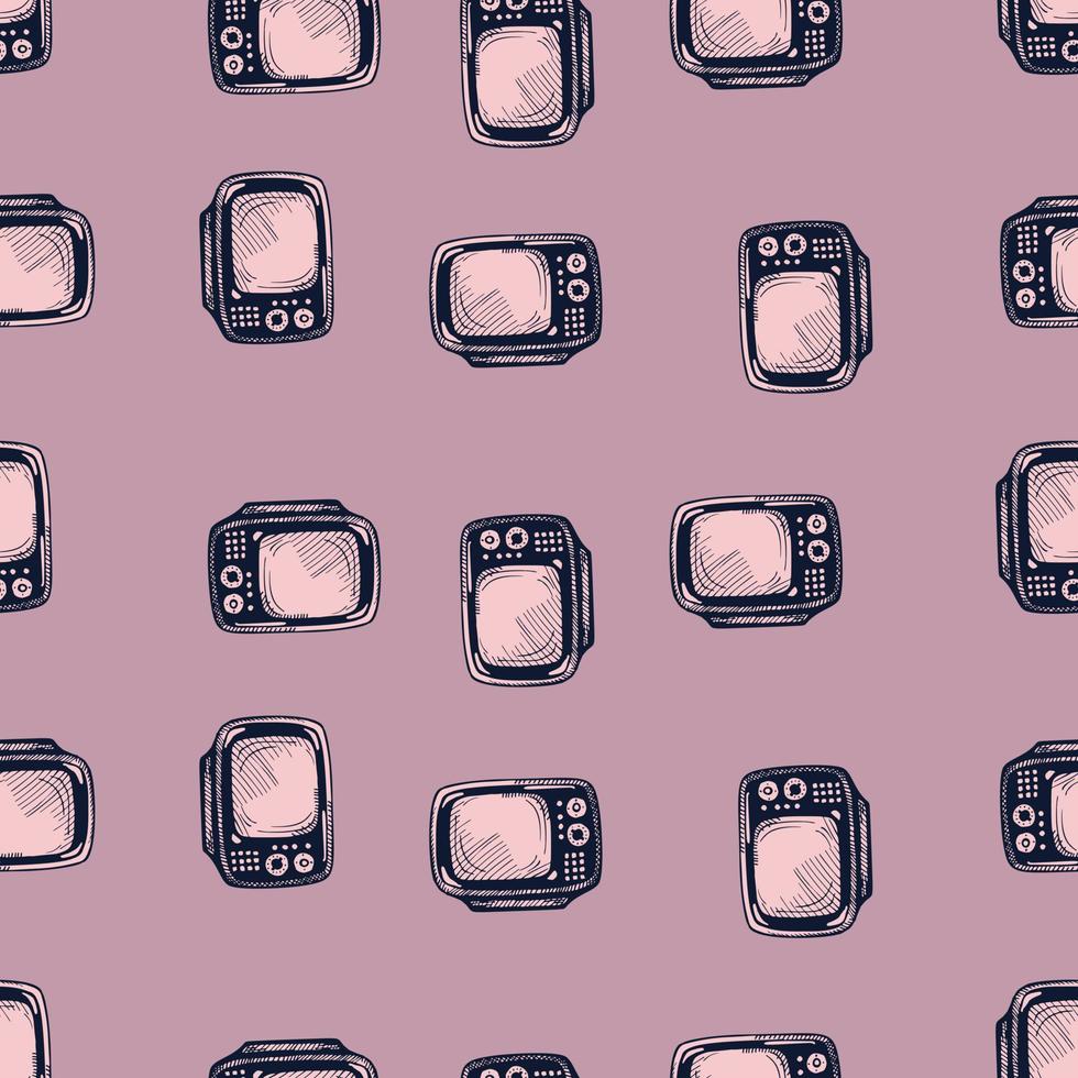 Retro TV engraved seamless pattern. Vintage television background in hand drawn style. vector