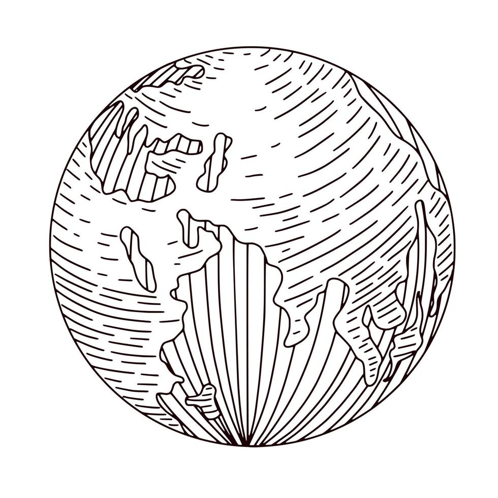 planeta tierra grabado aislado sobre fondo blanco. esfera vintage del mundo en estilo dibujado a mano. vector