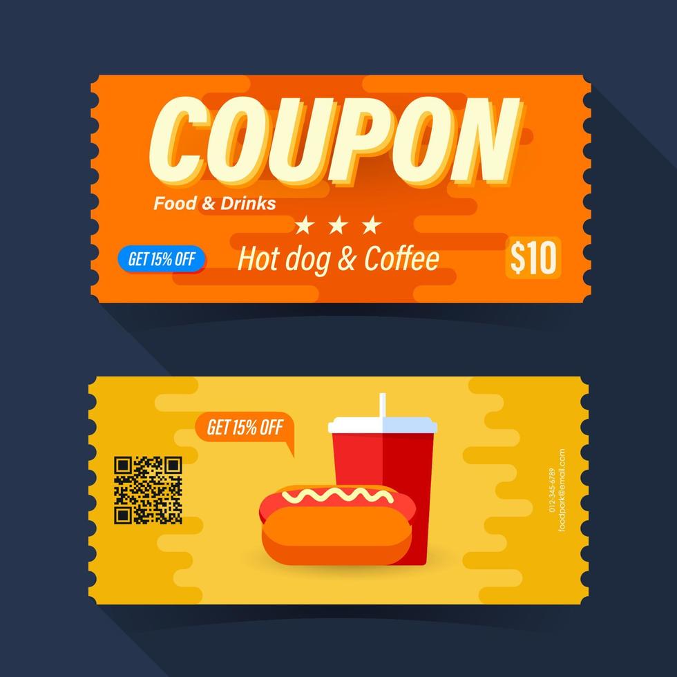 Food and drink coupon ticket card. Hot dog and coffee element vector