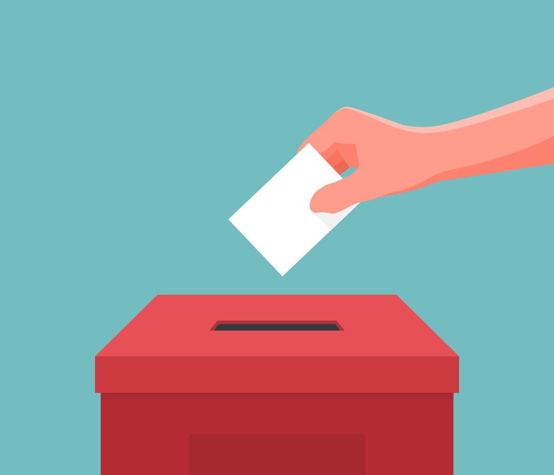 Hand putting paper ballot in the box. Vector illustration