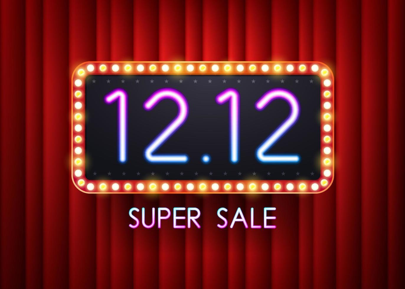 12.12 Super sale text with electric bulbs frame on red background. Vector illustration