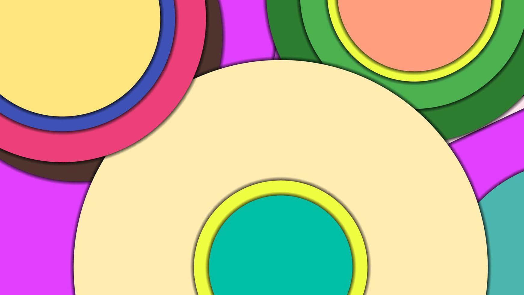 Abstract geometric colorful vector background in Material design style with concentric circles and rotated rectangles with shadows, imitating cut paper.