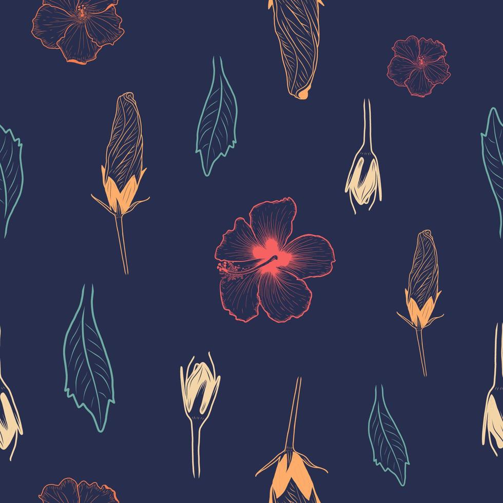 Seamless hand drawn tropical pattern with hibiscus flowers and leaves. Vector illustration