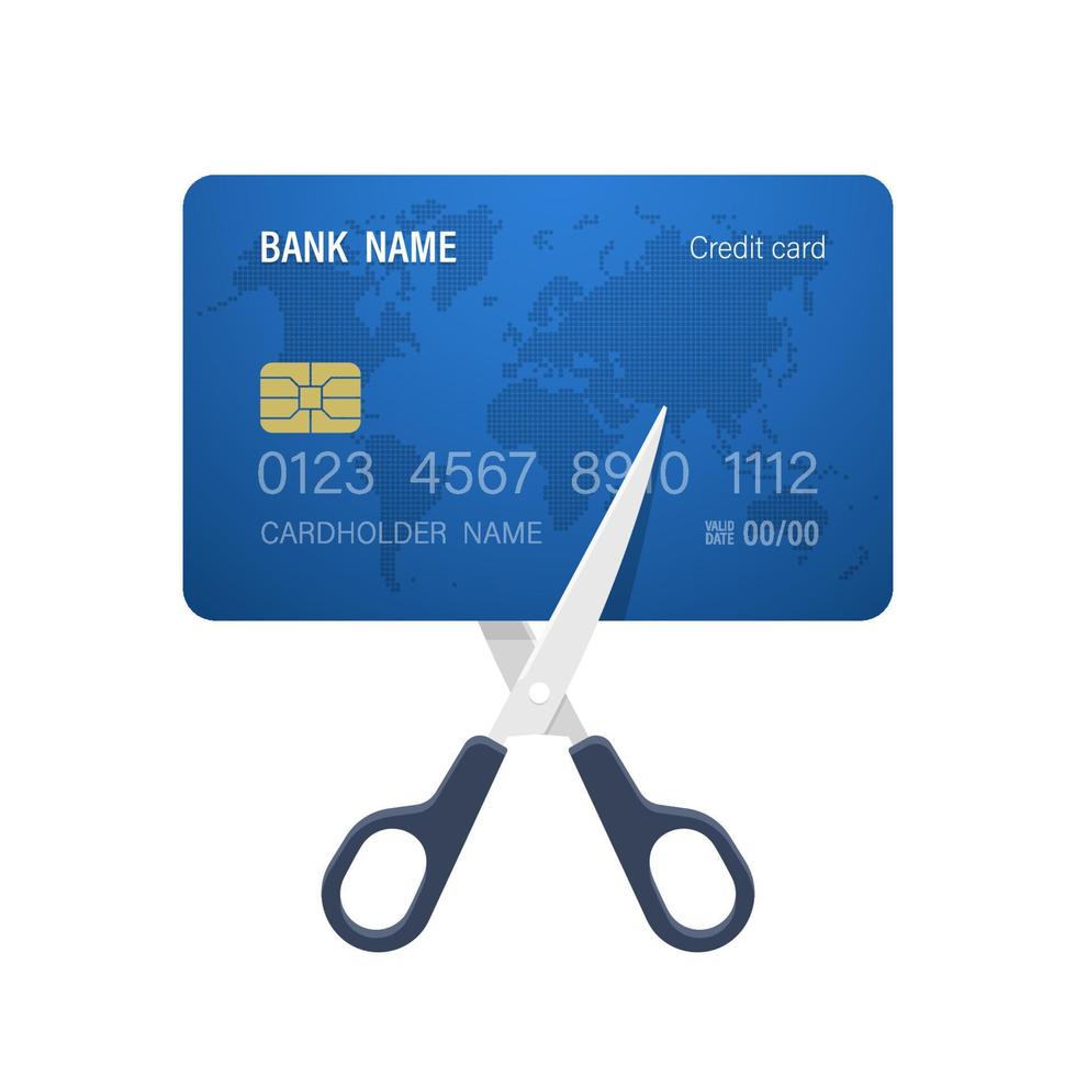 Cutting credit card. Concept of cost reduction. Vector illustration